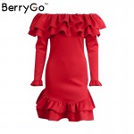 BerryGo Ruffles vintage dress 2016 autumn winter Off shoulder long sleeve women dress Short bodycon sexy dress vestido de festa