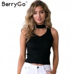 BerryGo Sexy knitted halter camisole tank top Sexy v neck sleeveless black crop top women Elegant cropped beach summer tops 2016