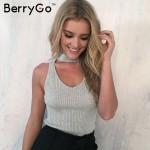 BerryGo Sexy knitted halter camisole tank top Sexy v neck sleeveless black crop top women Elegant cropped beach summer tops 2016