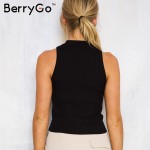 BerryGo Sexy knitted halter camisole tank top Sexy v neck sleeveless black crop top women Elegant cropped beach summer tops 2016