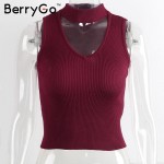 BerryGo Sexy knitted halter camisole tank top Sexy v neck sleeveless black crop top women Elegant cropped beach summer tops 2016