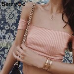 BerryGo Sexy off shoulder knitted top tees Women slash neck short sleeve bustier crop top Christmas party white tops female cami