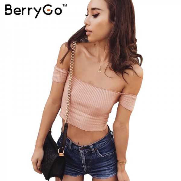 BerryGo Sexy off shoulder knitted top tees Women slash neck short sleeve bustier crop top Christmas party white tops female cami