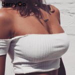 BerryGo Sexy off shoulder knitted top tees Women slash neck short sleeve bustier crop top Christmas party white tops female cami