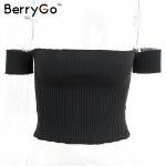 BerryGo Sexy off shoulder knitted top tees Women slash neck short sleeve bustier crop top Christmas party white tops female cami