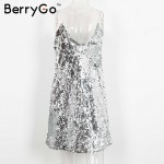 BerryGo Sexy silver sequin women dress Deep v neck sleeveless short dress Elegant evening party dresses casual summer vestidos