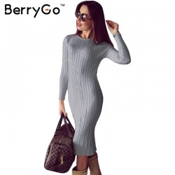 BerryGo Winter split knitted bodycon dress women Sexy long sleeve midi dress 2016 Elegant warm slim sweater dress vestidoes 