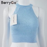 BerryGo chic knitted halter bustier crop top Women summer beach sexy white camis Off shoulder elastic tube tank tops knitwear