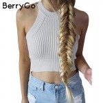 BerryGo chic knitted halter bustier crop top Women summer beach sexy white camis Off shoulder elastic tube tank tops knitwear
