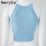 BerryGo chic knitted halter bustier crop top Women summer beach sexy white camis Off shoulder elastic tube tank tops knitwear