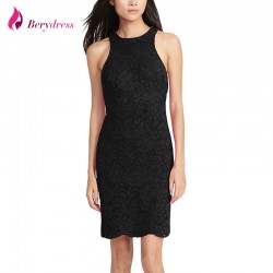 Berydress Elegant Womens Sleeveless O-neck Tank Sheath Bodycon Slimming Knee-length Black Casual Lace Dresses Short on Sale