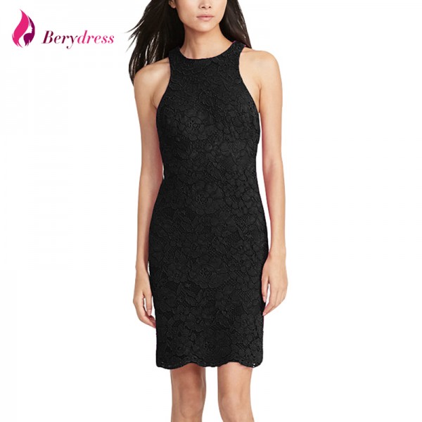 Berydress Elegant Womens Sleeveless O-neck Tank Sheath Bodycon Slimming Knee-length Black Casual Lace Dresses Short on Sale