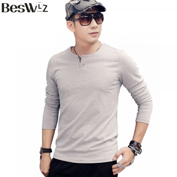 Beswlz Men T-Shirts Long Sleeve V-Neck Fashion Casual Style Cotton Slim Men T Shirt Brand Clothing Men Basic Tops Tees 7901