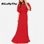 BiLaRyThy Elegant Sexy Occasion Red Backless Maxi Dresses O Neck Short Sleeve Floor Length Long Chiffon Dress for Summer