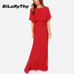 BiLaRyThy Elegant Sexy Occasion Red Backless Maxi Dresses O Neck Short Sleeve Floor Length Long Chiffon Dress for Summer