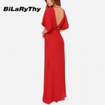 BiLaRyThy Elegant Sexy Occasion Red Backless Maxi Dresses O Neck Short Sleeve Floor Length Long Chiffon Dress for Summer