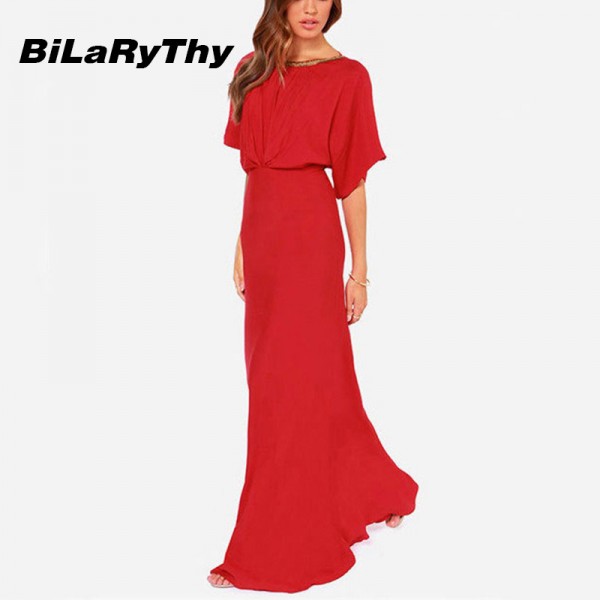 BiLaRyThy Elegant Sexy Occasion Red Backless Maxi Dresses O Neck Short Sleeve Floor Length Long Chiffon Dress for Summer