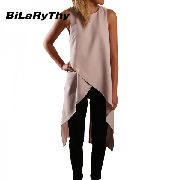 BiLaRyThy Hot New Summer Sexy Womens O Neck Sleeveless Long Solid Tank Tops Vest Back Split Casual Loose Blouse Shirts