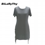 BiLaRyThy Women's Casual Dress Short Sleeve O Neck Solid Mini Dresses Side Cross Lace-up Summer Clothing