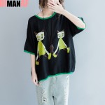 Big Size Summer Style T-Shirt Women Pattern Cat Print Linen Cute T-Shirt Female Buttons Large Size Loose Fashion Black Tops&Tees