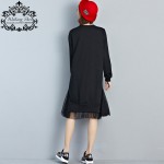 Big Size T-Shirt Women Cotton Patchwork Lace Autumn Solid Fashion Female O-Neck Long Sleeve Casual Basic Black Tops&Tees Dress