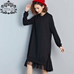 Big Size T-Shirt Women Cotton Patchwork Lace Autumn Solid Fashion Female O-Neck Long Sleeve Casual Basic Black Tops&Tees Dress