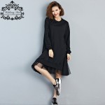 Big Size T-Shirt Women Cotton Patchwork Lace Autumn Solid Fashion Female O-Neck Long Sleeve Casual Basic Black Tops&Tees Dress