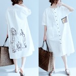 Big Size Women Dress Summer Bear Pattern Print Linen Fashion Casual Female Plus Size Buttons Long Cardigan Dresses With Pocket