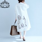 Big Size Women Dress Summer Bear Pattern Print Linen Fashion Casual Female Plus Size Buttons Long Cardigan Dresses With Pocket