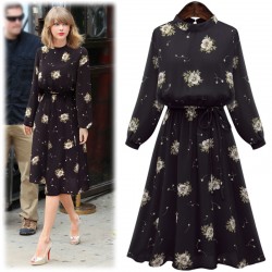 Black Chiffon Floral Dresses Spring Summer Style Fashion Vintage Elastic Dress Women Batwing Stand Cute Dress S-XLL 39044