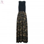 Black Floral Lace Up Maxi Skater Dress Sleeveless A Line Slim Casual Streetwear Party 2017 Women Summer