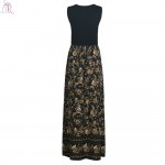 Black Floral Lace Up Maxi Skater Dress Sleeveless A Line Slim Casual Streetwear Party 2017 Women Summer