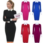 Black Office Dresses Women 2017 Spring New Arrivals Fashion Long Sleeve Pencil Dress Ladies Casual Work Dress With White Collar