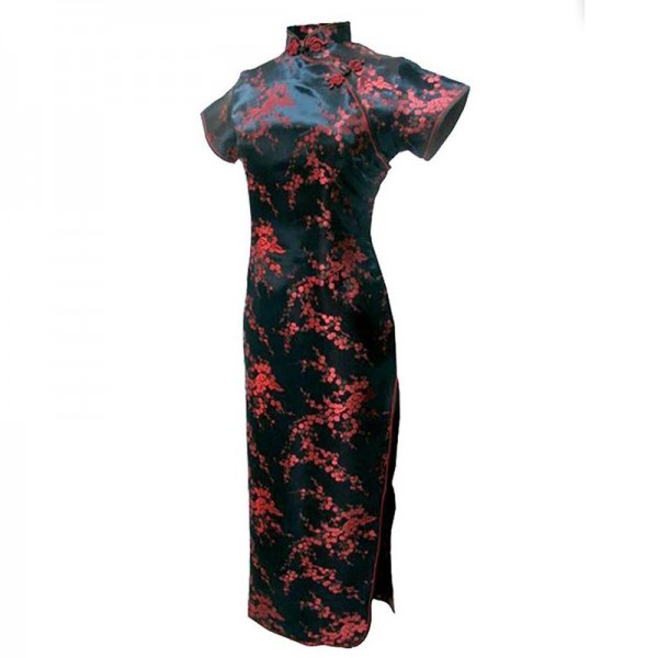 Black-Red Chinese Traditional Dress Sexy Women Satin Qipao Long Cheongsam Flower Plus Size S M L XL XXL XXXL 4XL 5XL 6XL LGD01