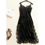 Black Velvet Lace Dress 2017 Summer New High High Grade Fashion Sexy Cultivate Silm Square Collar Spaghetti Strap Midi Dress