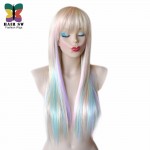 Blonde Pastel color highlights rainbow wig multi colorful wig Long straight hair Heat resistant Fairy princess with bangs