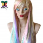 Blonde Pastel color highlights rainbow wig multi colorful wig Long straight hair Heat resistant Fairy princess with bangs