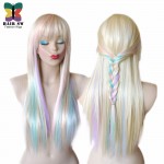 Blonde Pastel color highlights rainbow wig multi colorful wig Long straight hair Heat resistant Fairy princess with bangs