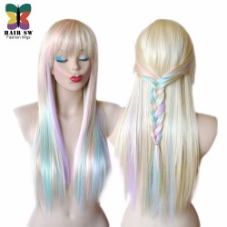 Blonde Pastel color highlights rainbow wig multi colorful wig Long straight hair Heat resistant Fairy princess with bangs