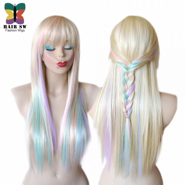 Blonde Pastel color highlights rainbow wig multi colorful wig Long straight hair Heat resistant Fairy princess with bangs