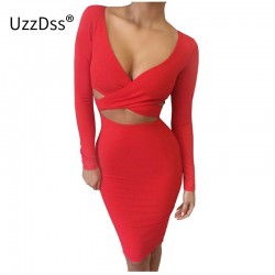 Blue Black White Long Sleeve Elastic Cotton Warm Winter Elegant Party Dresses 2016 Sexy Midi Pencil Club Bandage Bodycon Dress