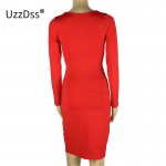 Blue Black White Long Sleeve Elastic Cotton Warm Winter Elegant Party Dresses 2016 Sexy Midi Pencil Club Bandage Bodycon Dress