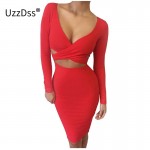 Blue Black White Long Sleeve Elastic Cotton Warm Winter Elegant Party Dresses 2016 Sexy Midi Pencil Club Bandage Bodycon Dress