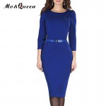 Blue Office Dress Women 2017 New Arrival Fashion Spring Pencil Dress Women Knee Length Ladies Dresses With Belt Polyester O-Neck