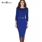 Blue Office Dress Women 2017 New Arrival Fashion Spring Pencil Dress Women Knee Length Ladies Dresses With Belt Polyester O-Neck