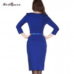 Blue Office Dress Women 2017 New Arrival Fashion Spring Pencil Dress Women Knee Length Ladies Dresses With Belt Polyester O-Neck