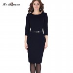 Blue Office Dress Women 2017 New Arrival Fashion Spring Pencil Dress Women Knee Length Ladies Dresses With Belt Polyester O-Neck