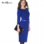 Blue Office Dress Women 2017 New Arrival Fashion Spring Pencil Dress Women Knee Length Ladies Dresses With Belt Polyester O-Neck