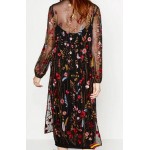 Bohemian Black color Colored Flower Embroidery Mesh Dress 2017 New Woman Fringed V neck Side Slit Long Dresses Femme 