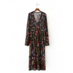 Bohemian Black color Colored Flower Embroidery Mesh Dress 2017 New Woman Fringed V neck Side Slit Long Dresses Femme 